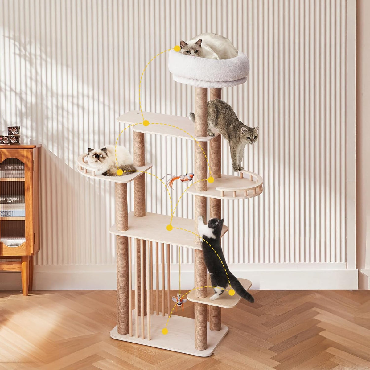 68" Large Cat Tree, Solid Wood Multi-Level Cat Tower with Scratching Posts, Fun Toys, and Washable