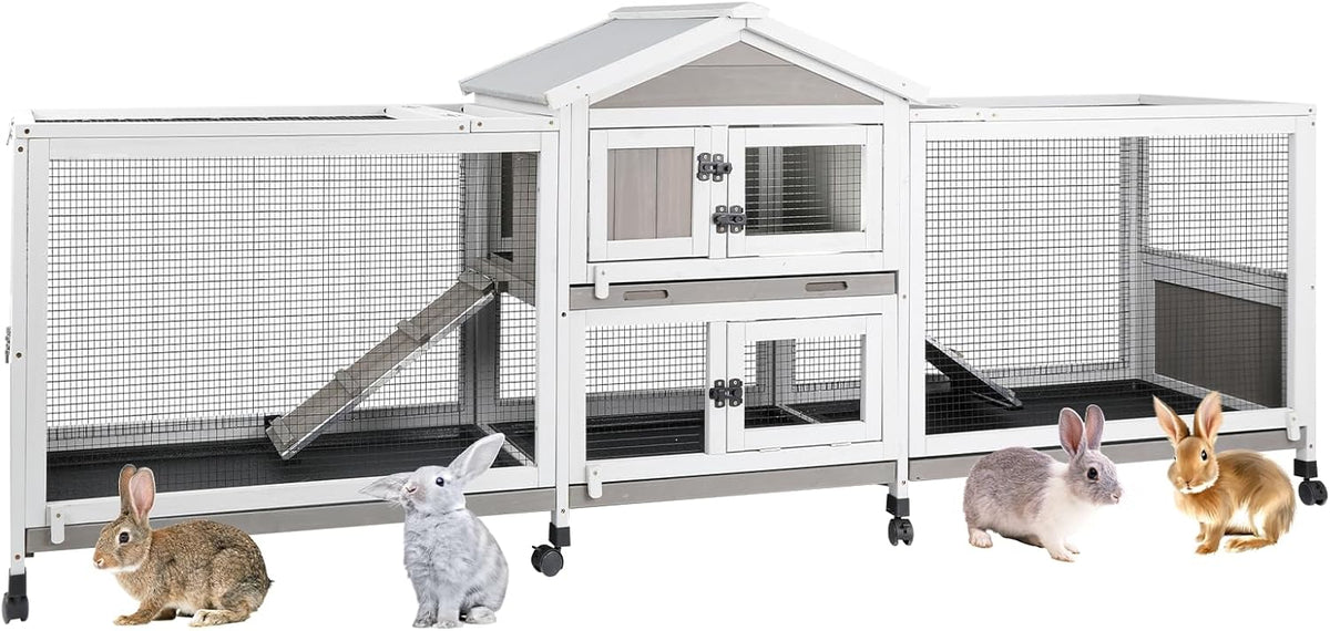 2-Tier Rabbit Hutch with Wheels, Indoor & Outdoor Small Animal Cage with Deep Pull-Out Tray