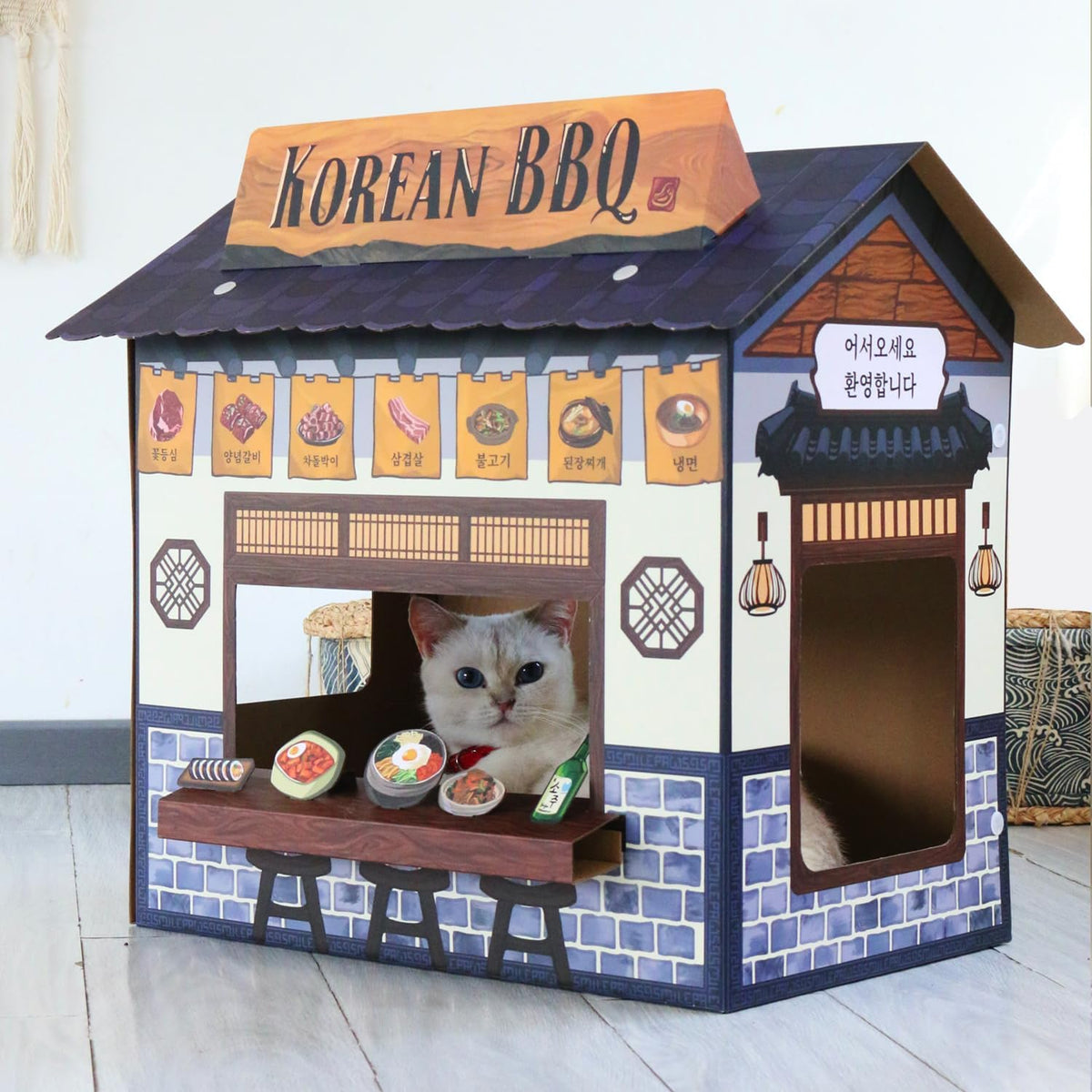 Cat Beds for Indoor Cats, Cardboard Cat House with Scratchers, Korean BBQ, Large Sturdy Cat