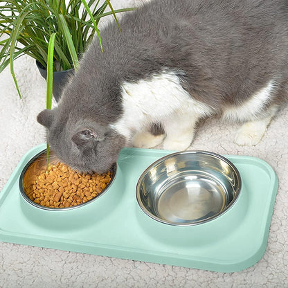 Cat Food Bowls, Cat Bowls Non-Skid and Non-Spill Silicone Pads with PP Stand, Removable Stainless