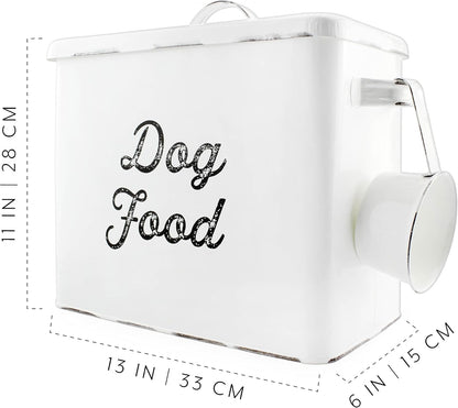 AuldHome Rustic Dog Food Canister; White Farmhouse Style Storage Bin for Small Dogs