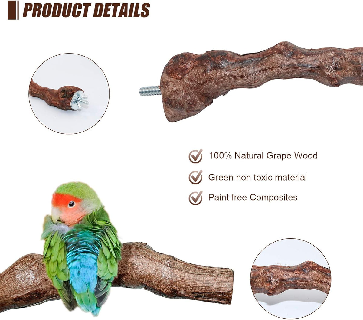 2 Packs Parrot Perch Stand,Natural Grapevine Wood Perch Parrots Cage Perch Toys Suitable for Small