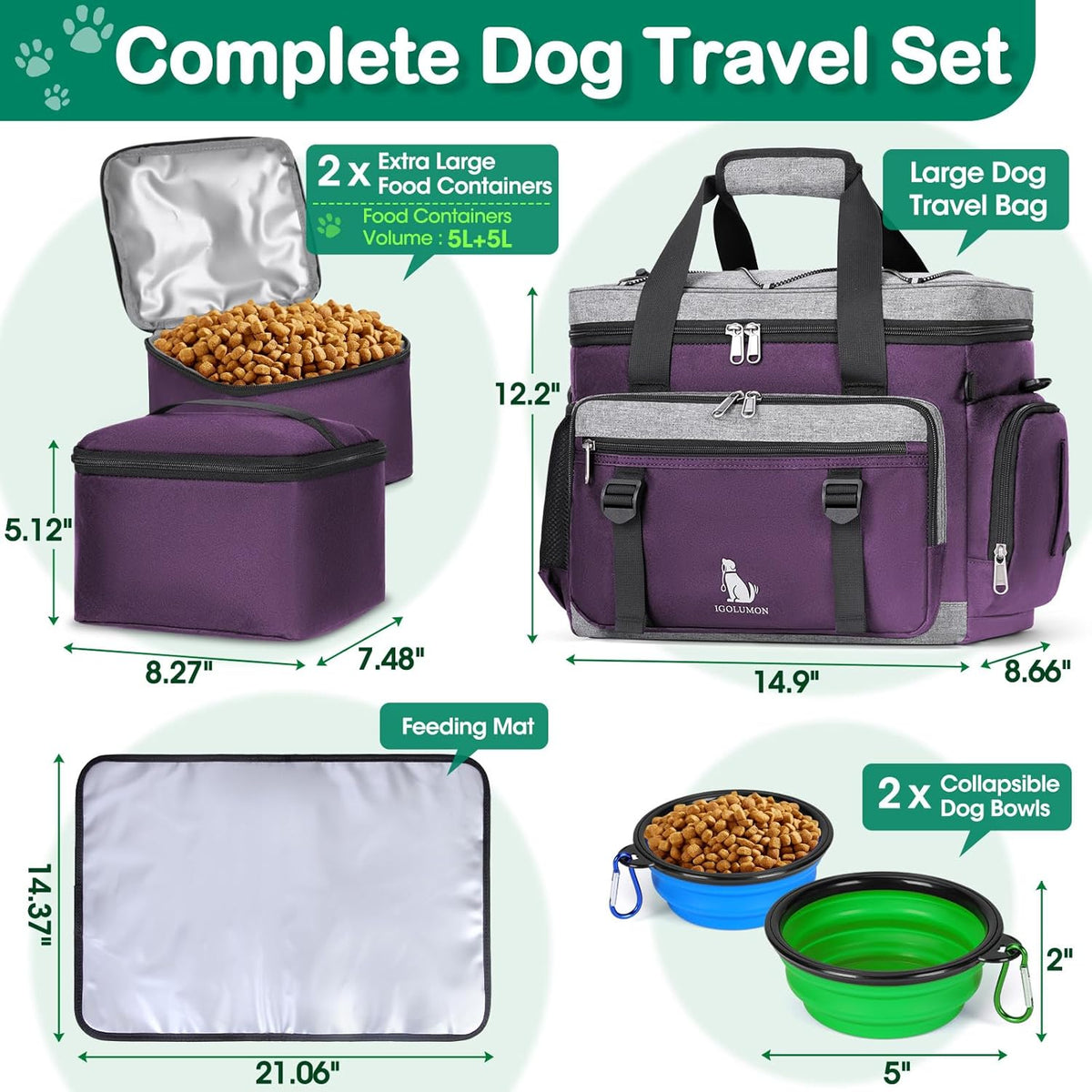 IGOLUMON Dog Travel Bag Large Pet Travel Bags Set for Supplies Weekend Dog Travel Kit Tote