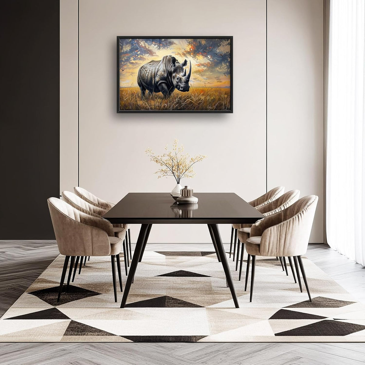 Rhino Large Wall Art Rustic Cool Wild Animal Rhinoceros Pictures Sunset Field Landscape Wall Decor