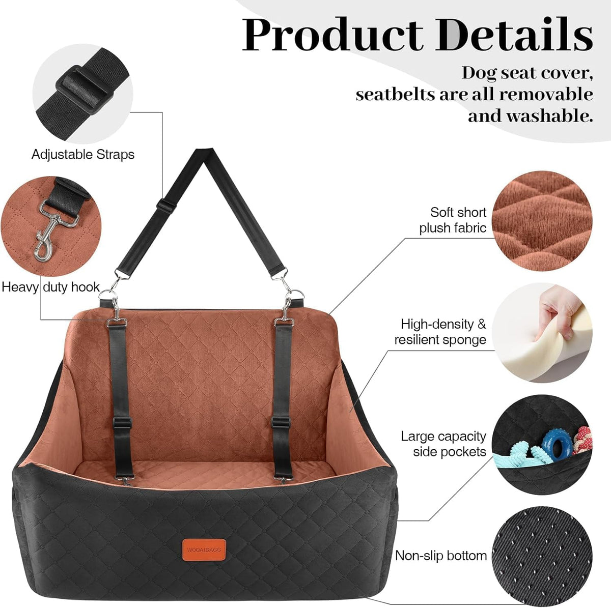 Dog Car Seat for Medium & Large Dogs Up to 55lbs, Memory Foam Cushion, Washable Cover, Safety