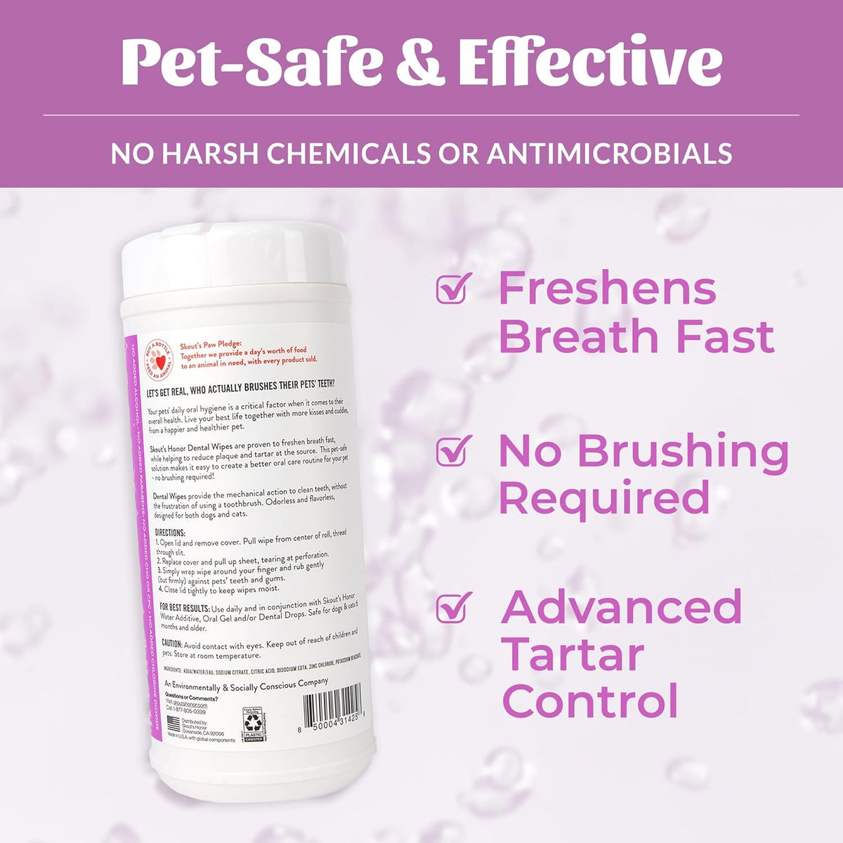 SKOUT'S HONOR Pet Dental Wipes - Fights Plaque and Tartar, Freshens Breath Fast, No Brushing