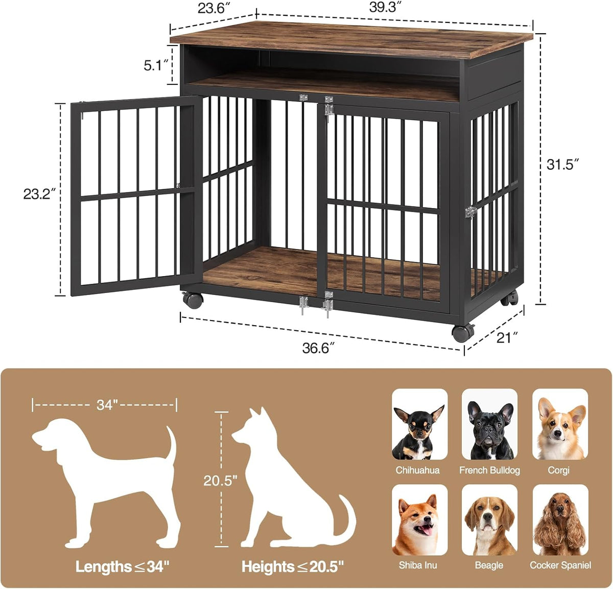39.4" Dog Crate Furniture for Medium and Large Breed, Dog Kennel Furniture with Storage Shelf &
