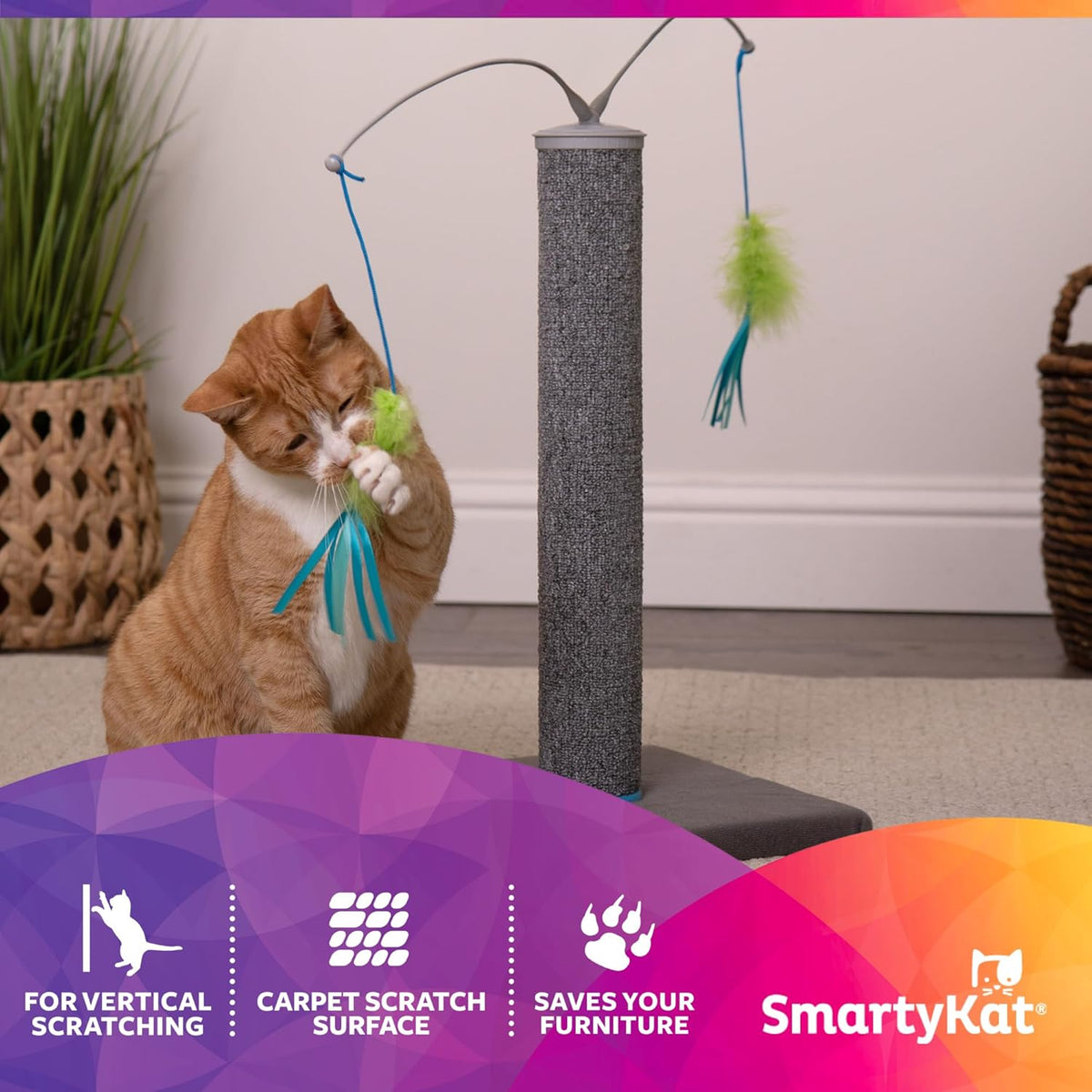 SmartyKat Scratch 'N Spin Carpet Cat Scratching Post with 2 Spinning Wand Toys, Plus 2 Replacement