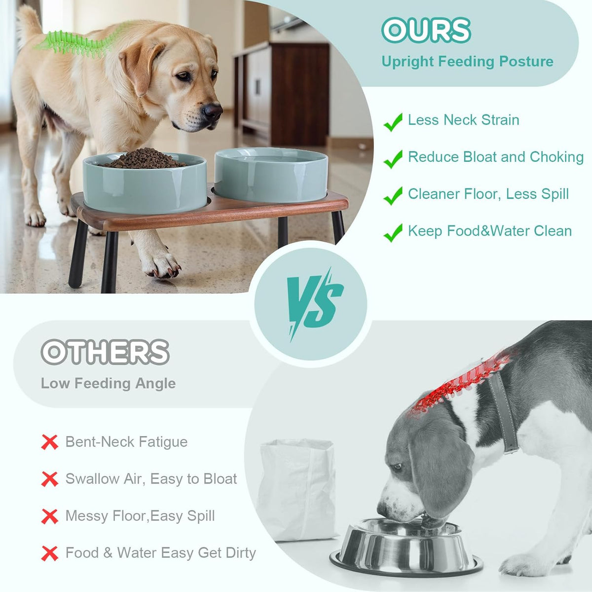 SPUNKYJUNKY Ceramic Elevated Dog Bowls Raised with Acacia Bamboo Wooden Stand, 8.3'' Dog Food Water