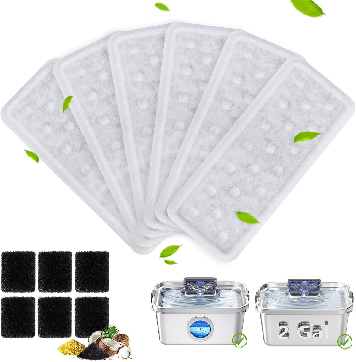 6 Pack Dog Water Fountain Filters and 6 Pack Sponges, Suitable for Stainless Steel 2Gal/264oz Dog