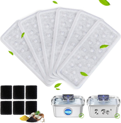 6 Pack Dog Water Fountain Filters and 6 Pack Sponges, Suitable for Stainless Steel 2Gal/264oz Dog