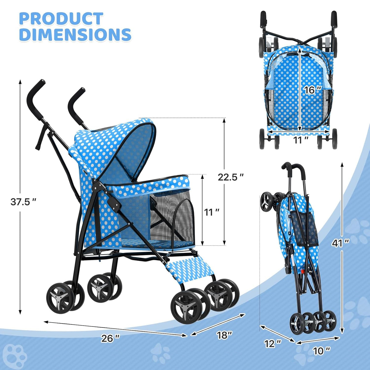 Magshion Compact Pet Stroller for Small-Medium Dogs/Cats up to 22lbs, 4-Wheel Lightweight Umbrella