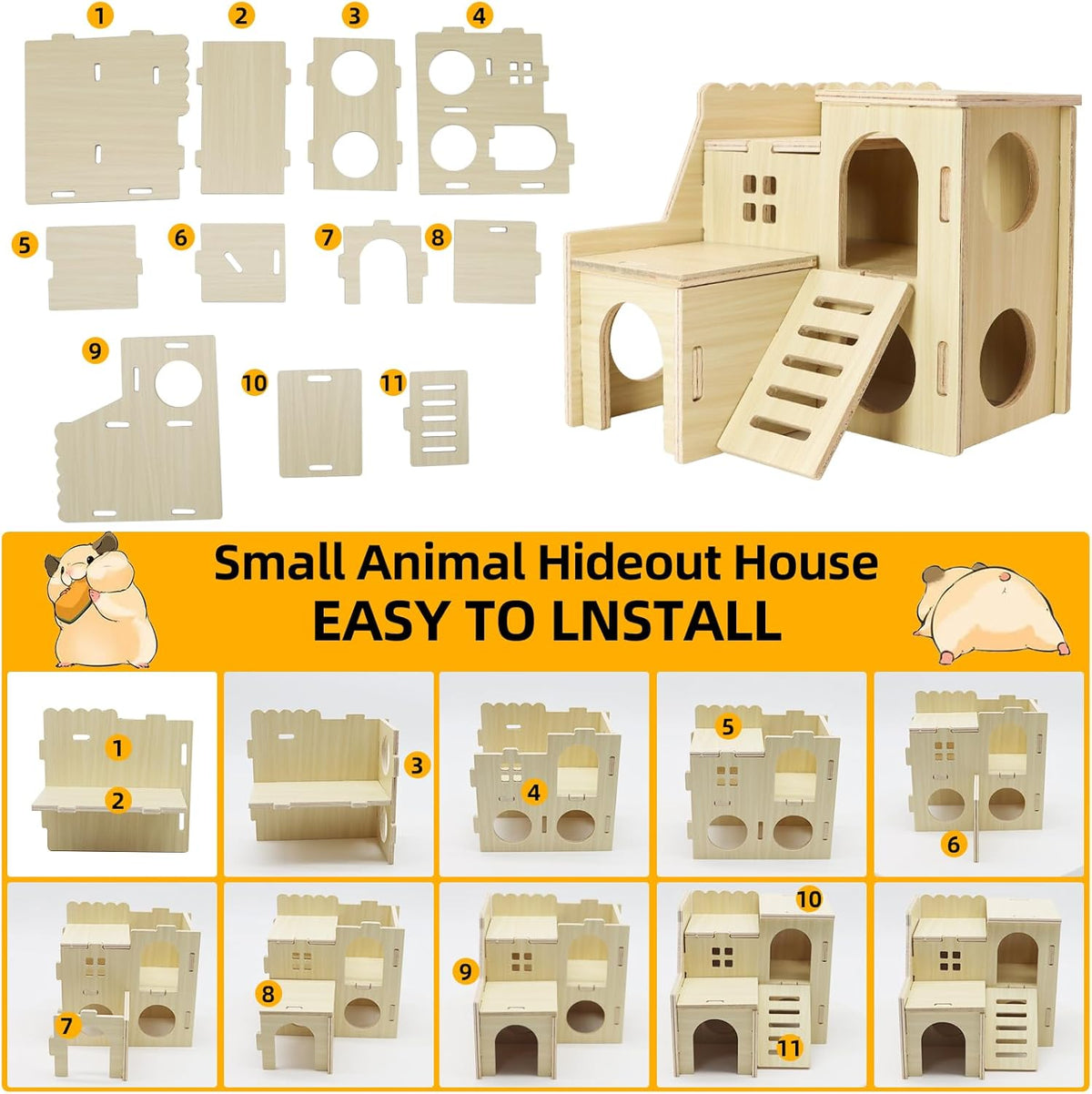 Tiny Hamster Maze Wood House with Slide House, Hamster Hideout Cage Accessories, for Dwarf Gerbils