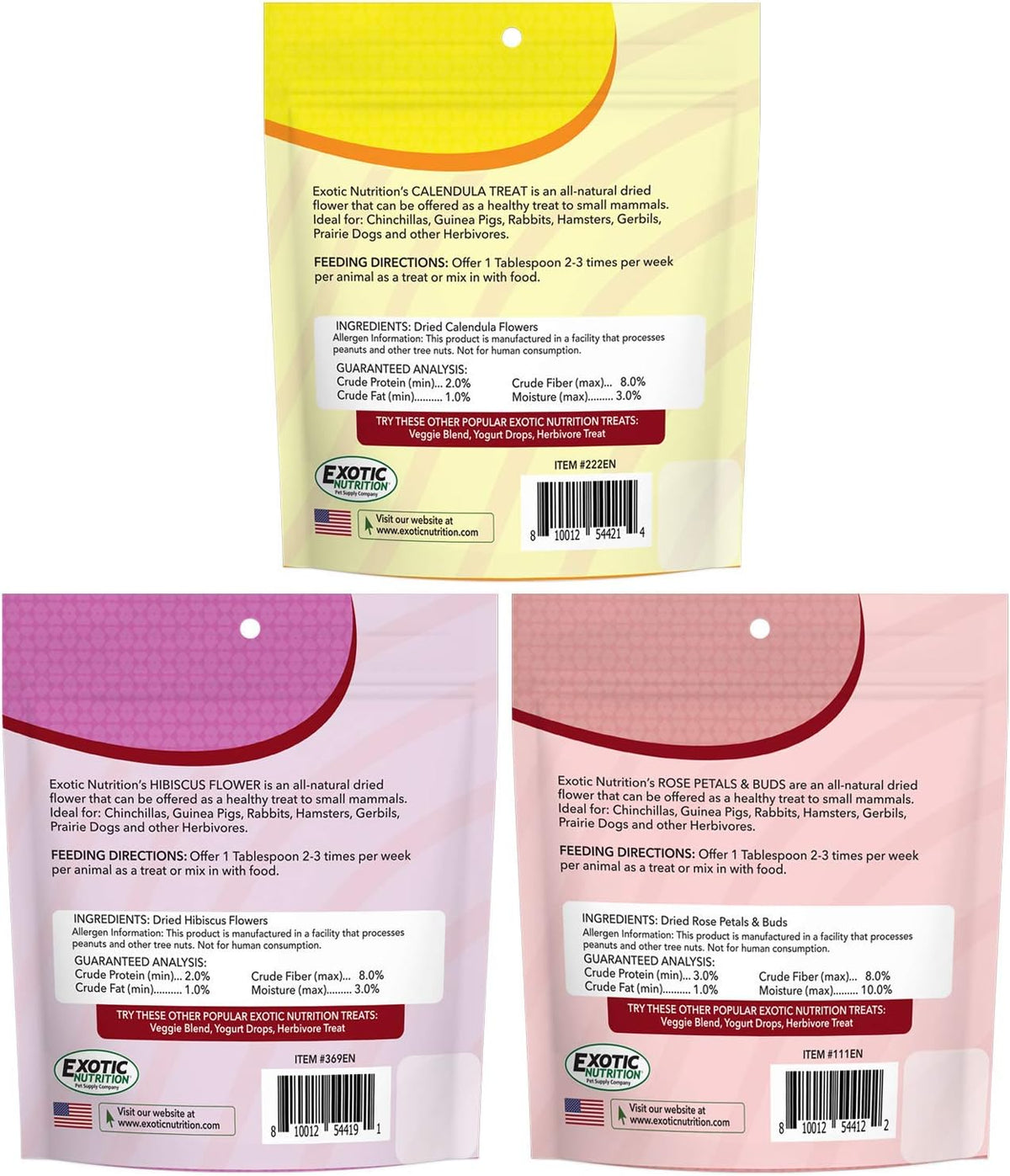 Exotic Nutrition Flower Treat 3 Pack - Healthy Assortment - Hibiscus, Calendula, Rose - for