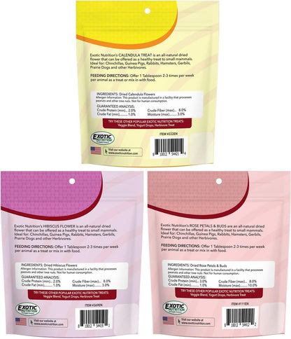 Exotic Nutrition Flower Treat 3 Pack - Healthy Assortment - Hibiscus, Calendula, Rose - for