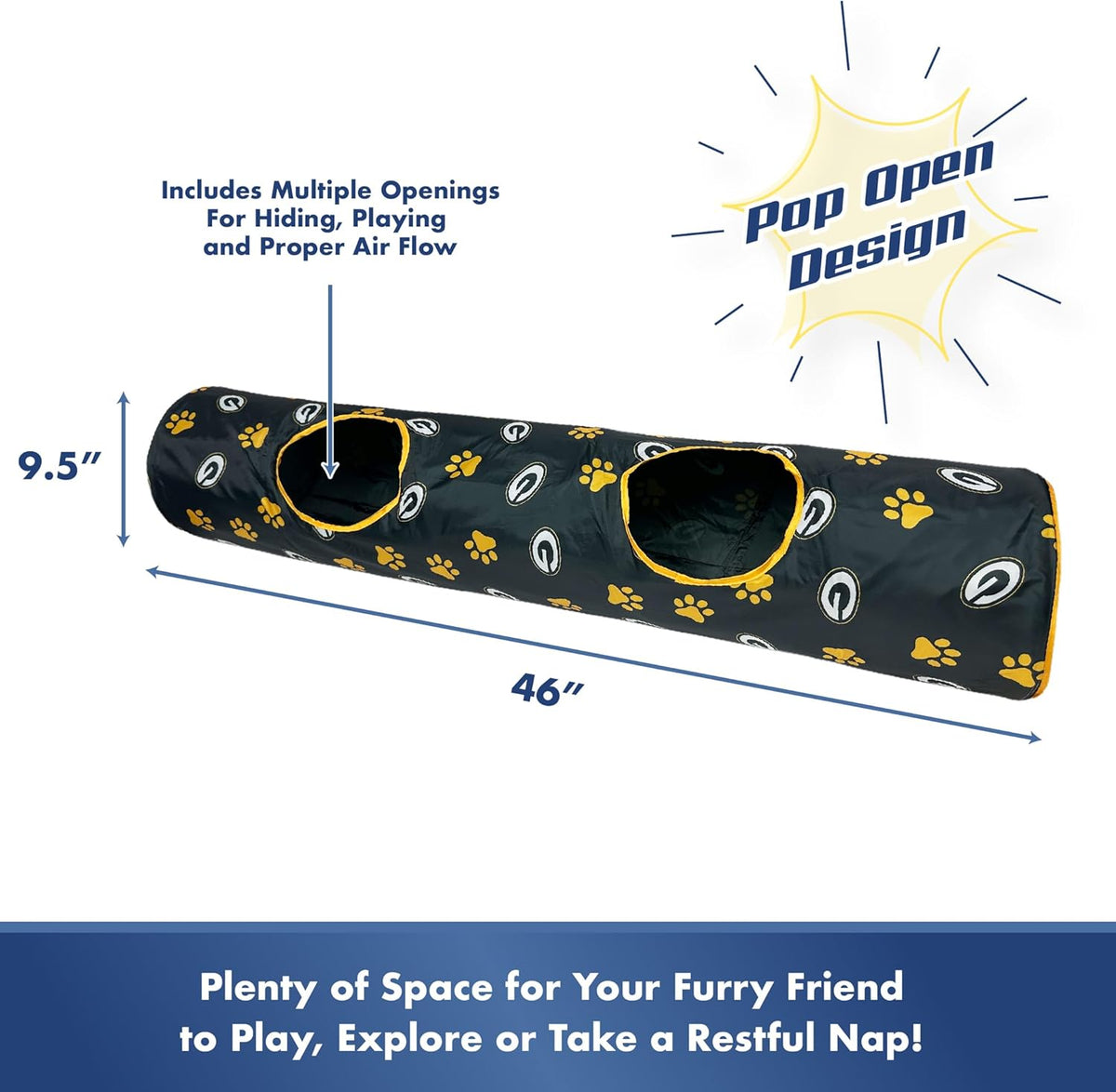 NFL Green Bay Packers Cat Tunnel Tube Toy with Plush Football Catnip and Feathers Collapsible