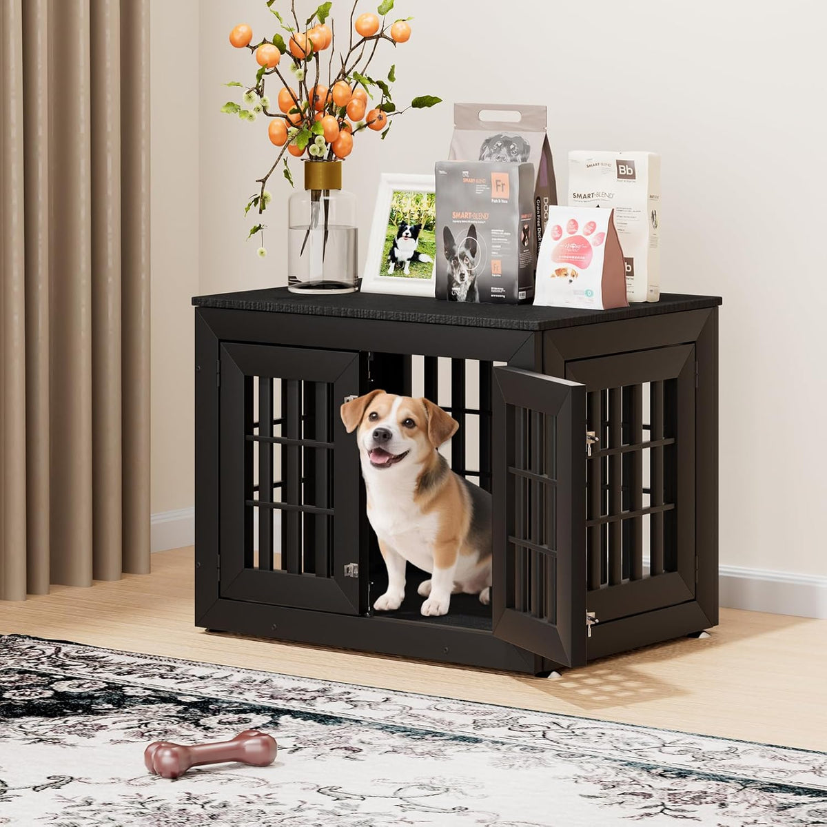 32" Heavy Duty Dog Crate Furniture for Small,Medium and Large Dogs,Rustic Wooden Dog Cage Kennel
