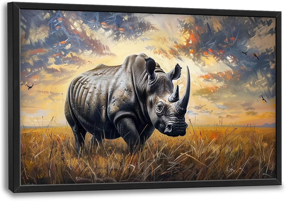 Rhino Large Wall Art Rustic Cool Wild Animal Rhinoceros Pictures Sunset Field Landscape Wall Decor