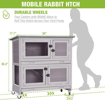 Rabbit Hutch Bunny Cage, Guinea Pig Cage Bunny Hutch Indoor, Wood Pet Cage with 4 Casters -2 Story