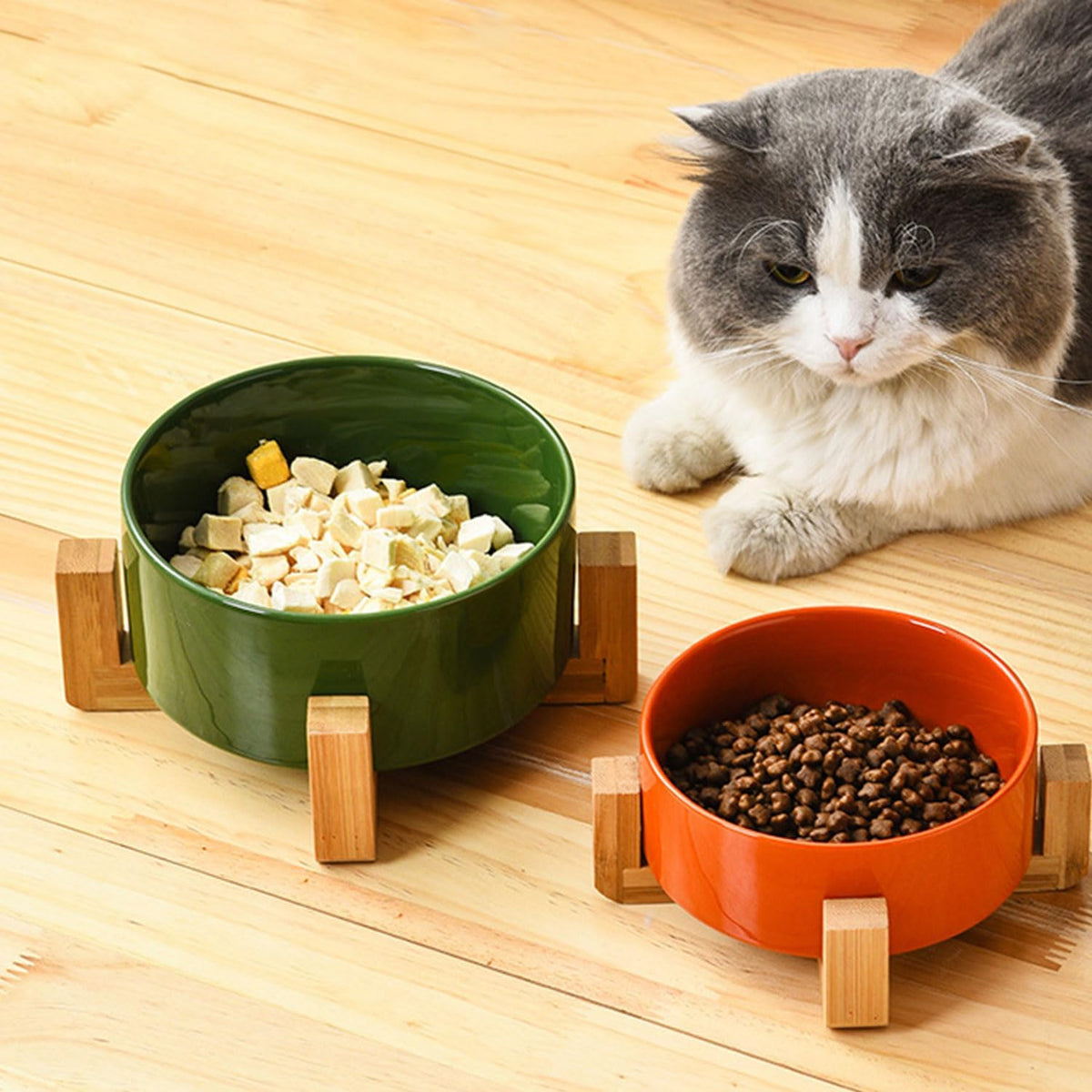 Petygooing Dog Bowls,Ceramic Cat Dog Bowl Set with Wood Stand for Food and Water,Non-Slip Cute