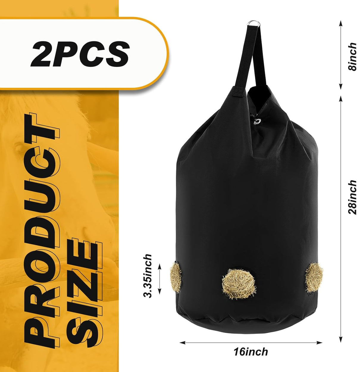 2 Pcs hay Bags for Horses Goats Slow Feed 1680D Oxford Bag Black Large Capacity Net Open Feed Hole