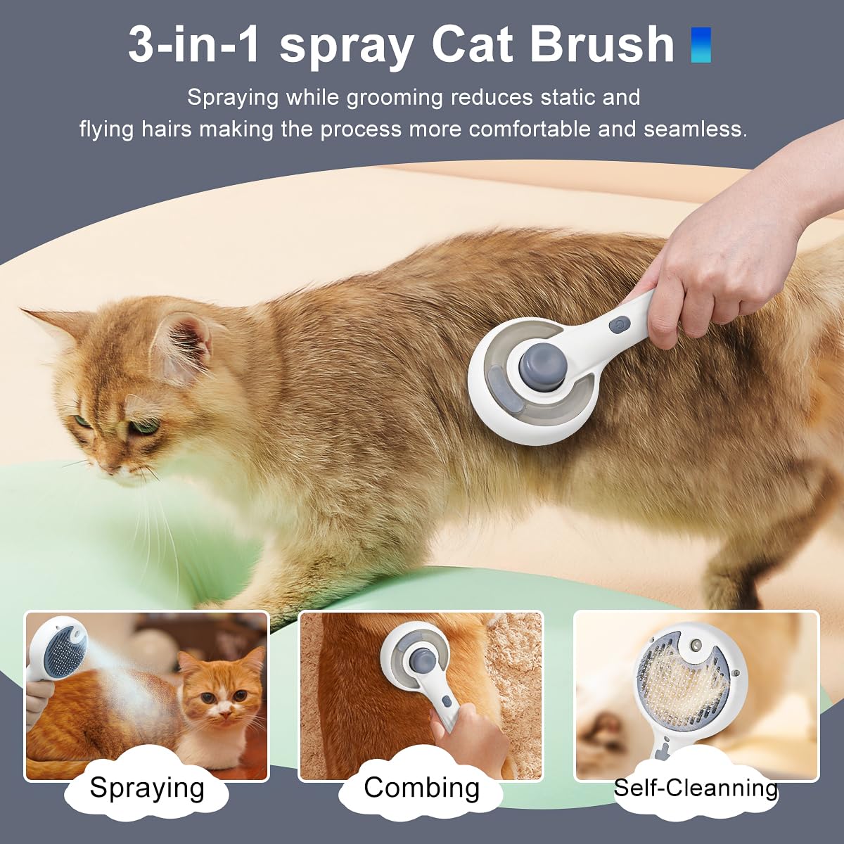 Cat Steam Brush, 3-in-1 Self-Cleaning Pet Grooming Tool with Water Spray, Shedding & Massage Comb