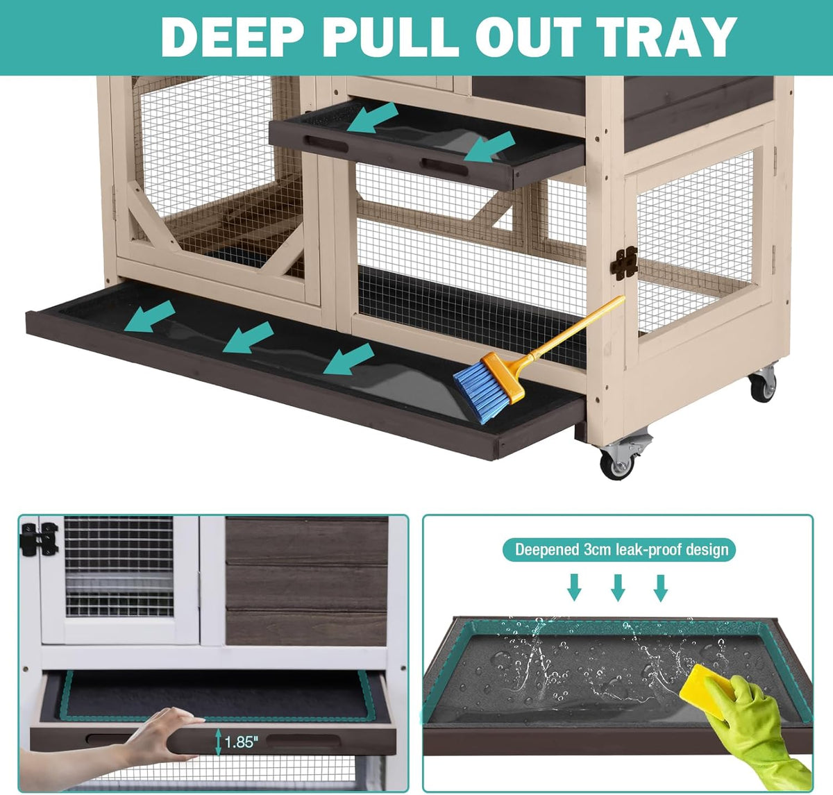 Rabbit Hutch Indoor for 2-4 Rabbits & Guinea Pigs，Bunny Cage with Slide-Out Plastic Trays，Wooden