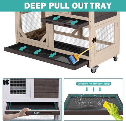 Rabbit Hutch Indoor for 2-4 Rabbits & Guinea Pigs，Bunny Cage with Slide-Out Plastic Trays，Wooden