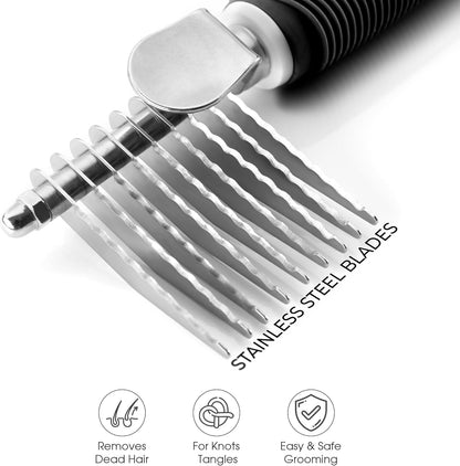 Poodle Dematting Fur Rake Comb Brush for Dogs and Cats - Long 2.5" Steel Safety Blades Metal Comb