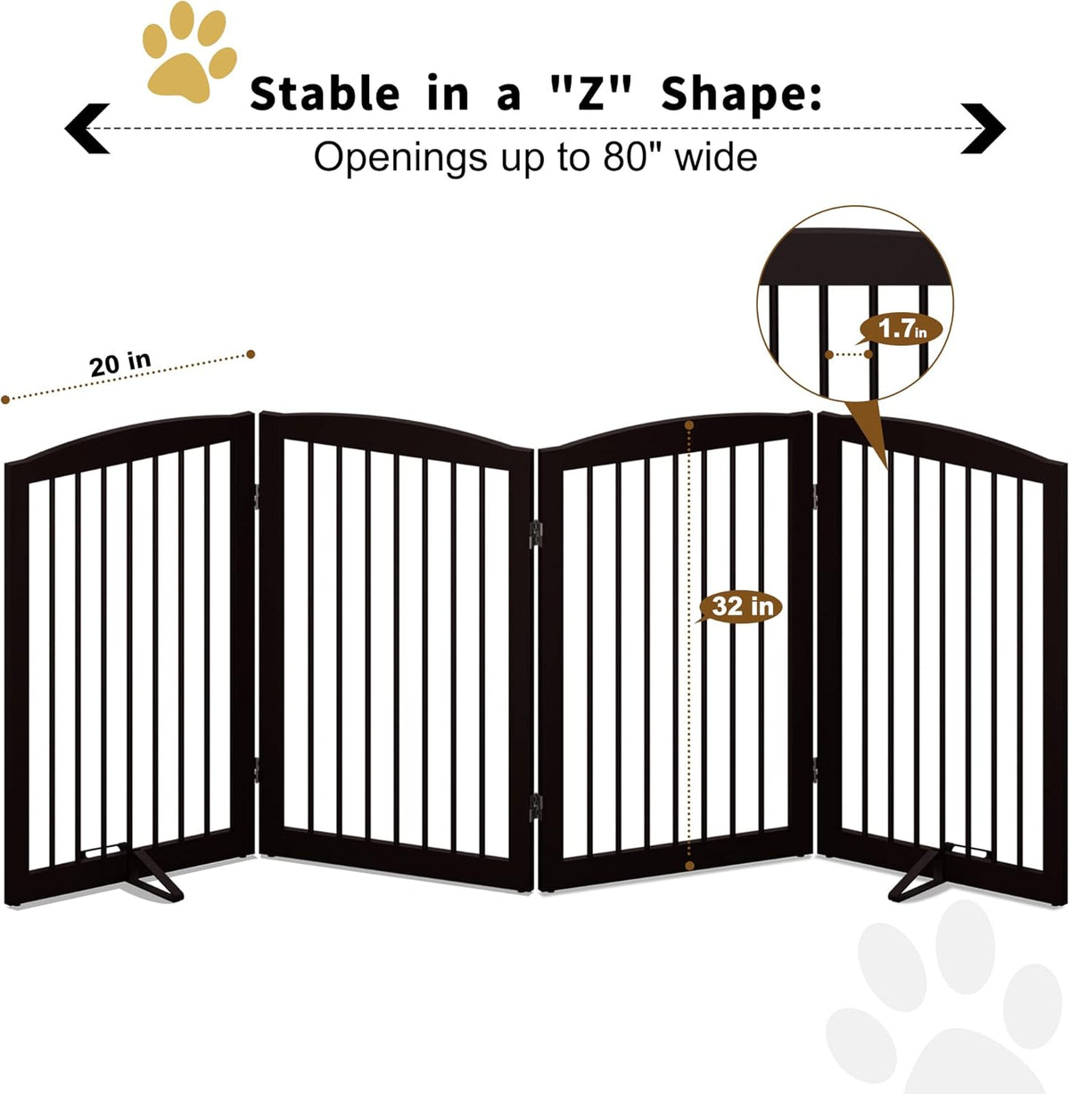 Freestanding Pet Gate for Dogs, Indoor Wooden Foldable Dog Gate for House, Doorway, Stair, 80 Inch