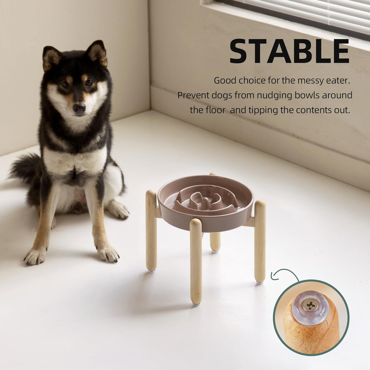 8.2inch Ceramic Raised Slow Feeder Dog Bowl Set, Elevated Wooden Stand for Large and Medium Dog