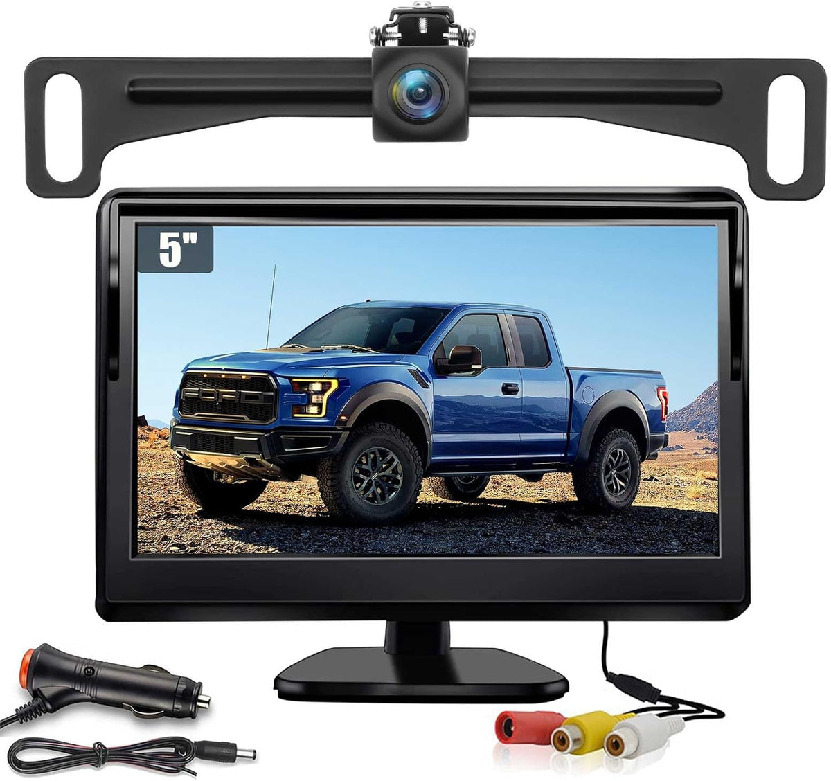 Kairiyard License Plate Backup Camera with 5in Monitor, 170 Degree Wide Angle DIY Grid Lines