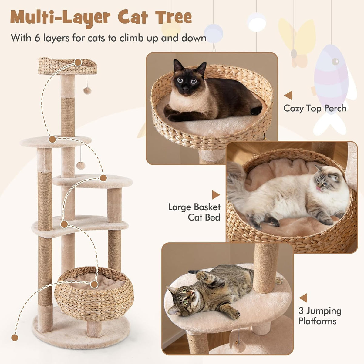 PETSITE 65 inch Cattail Cat Tree Tower, Multi-Level Cat Tower with Natural Jute Scratching Posts