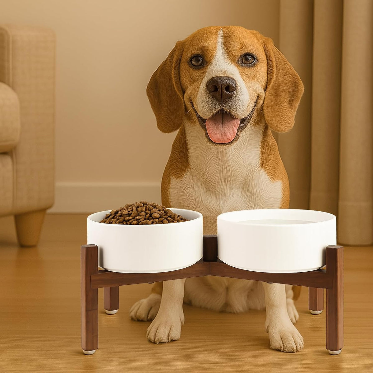 SPUNKYJUNKY Raised Ceramic Dog Bowls Set with Non-Slip Acacia Wood Stand for Medium Sized Dog(42.27