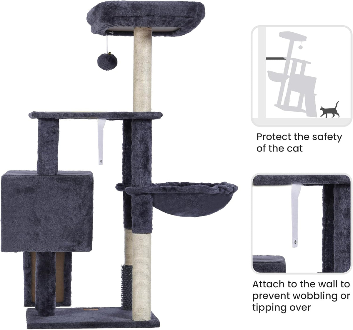 Heybly Cat Tree with Cat Self Groomer Brush, Cat Tower Condo for Indoor Cats with Padded Plush
