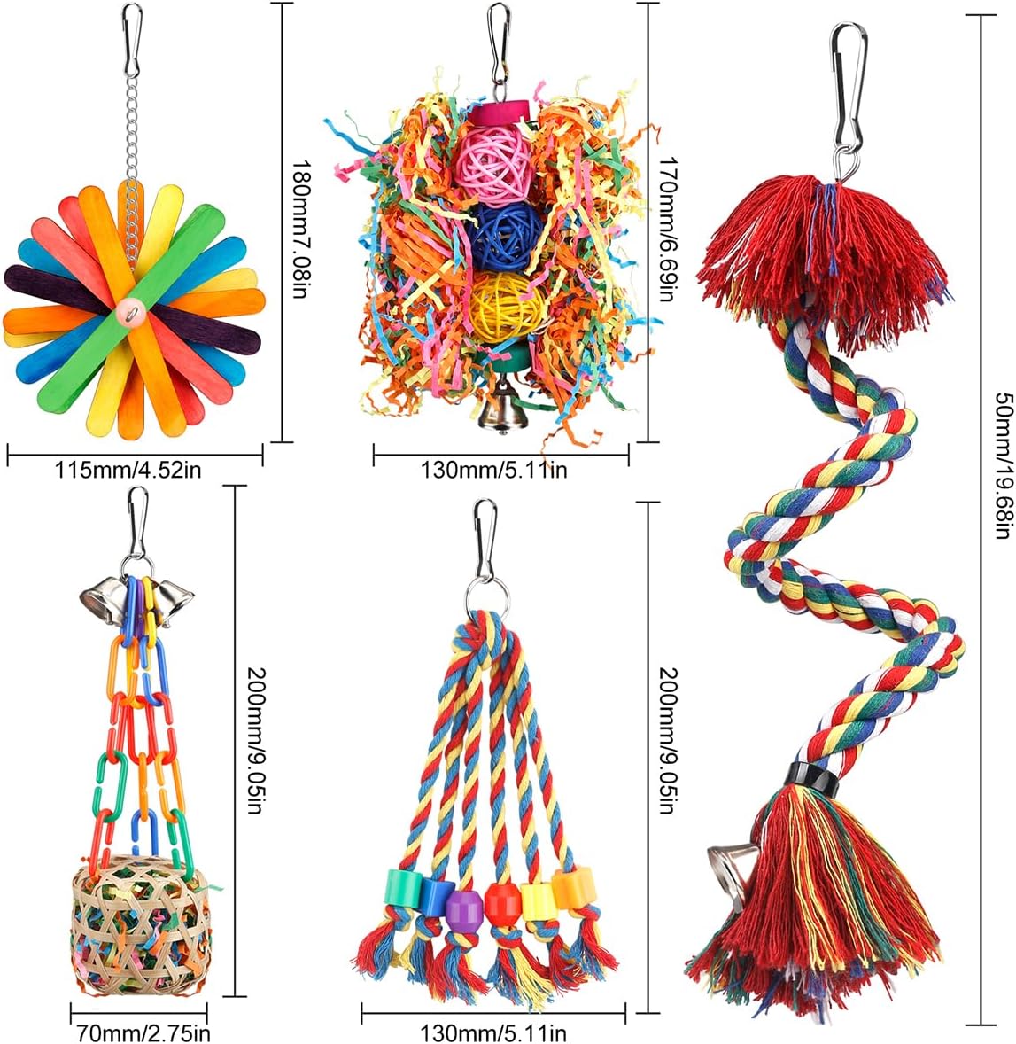 Bird Toys Rope Perch with Bell Colorful Bird Chewing Shredding Foraging Toys Parrot Swing Climbing