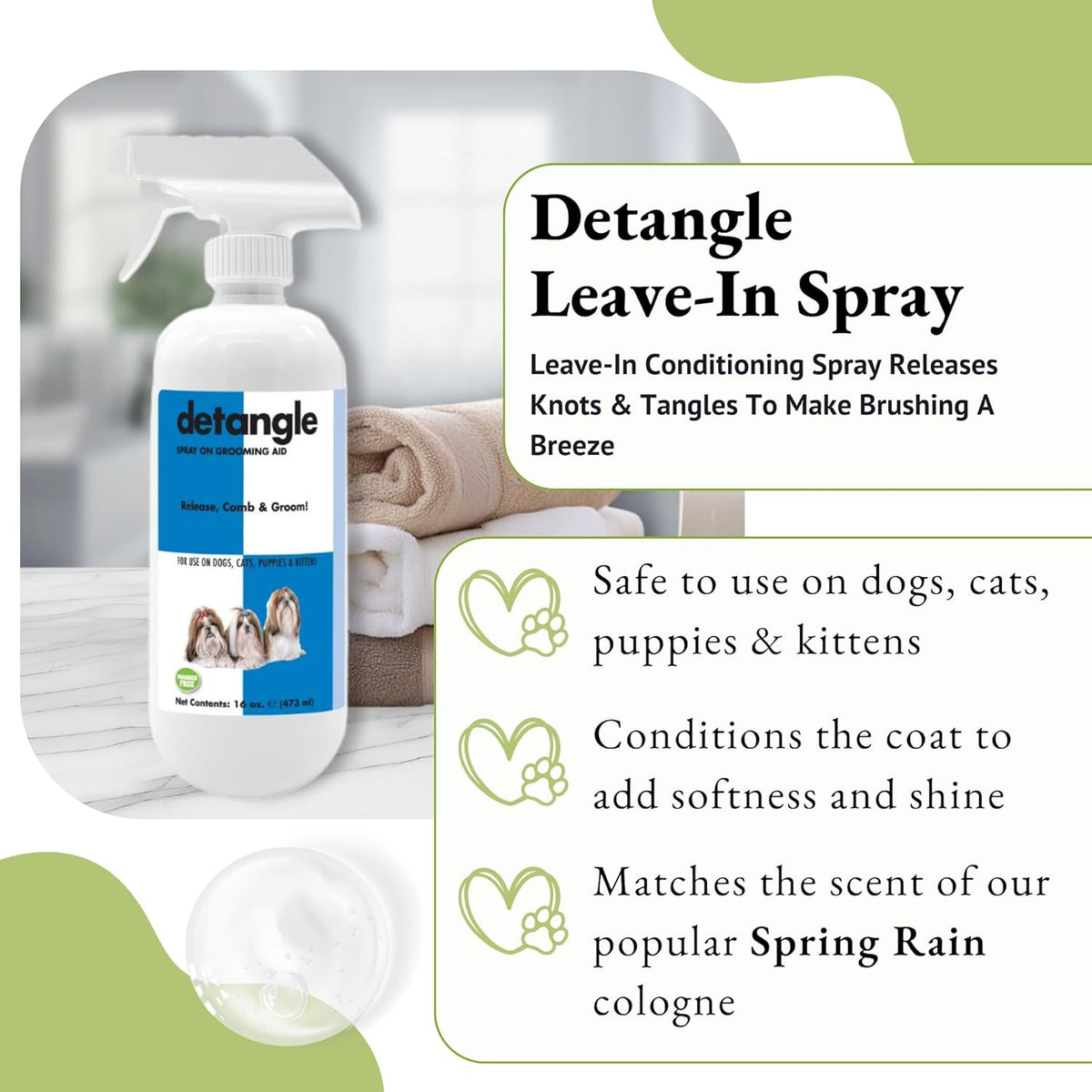 Detangle Pet Spray for Dogs, Cats, Puppies and Kittens 16 oz. | Leave-in Conditioner, Dog and Cat