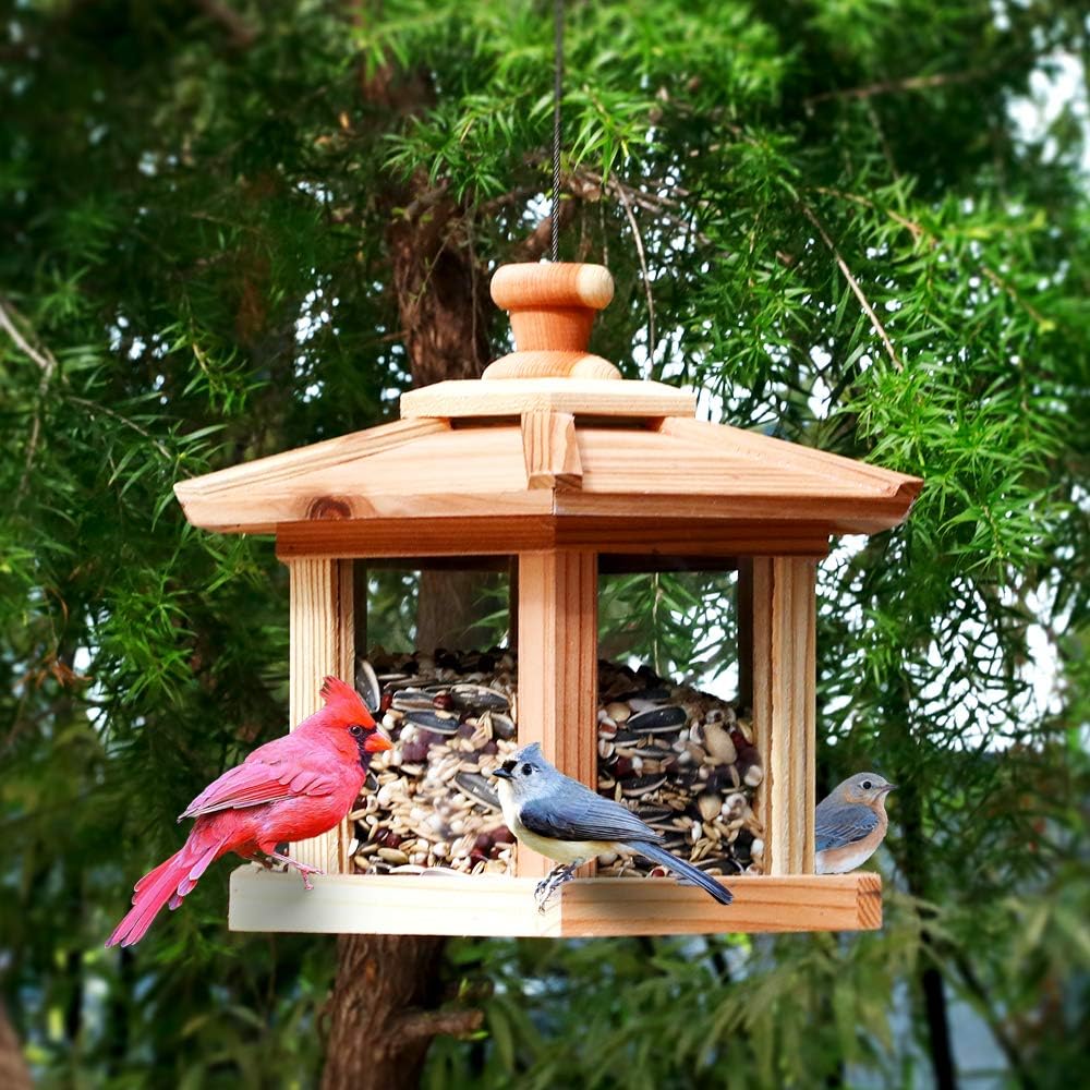 Solution4Patio Bird Feeder for Outdoors - USA Cedar Hexagon Gazebo Bird Feeders with Vented Mesh
