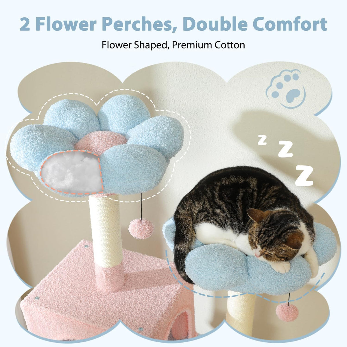 PAWZ Road Flower Cat Tree, 72 Inches Large Cat Tower with Steel Frame Hammock and 7 Scratching