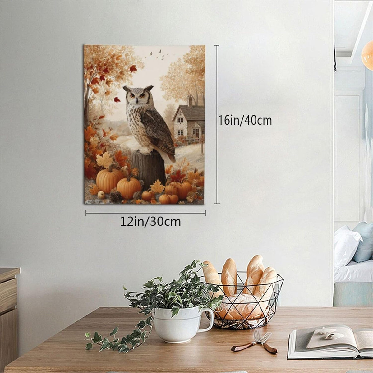 Fall Owl Wall Art Autumn Pumpkin Leaves Wall Decor Rustic Canvas Print Farmhouse Pictures Painting