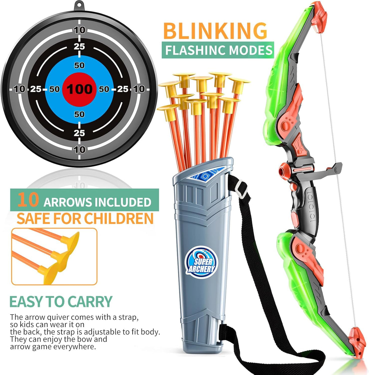 TEMI Bow and Arrow Set for Kids - Archery Toy Set - LED Light Up with Suction Cup Arrows, Target &