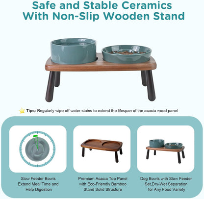 SPUNKYJUNKY Ceramic Elevated Dog Bowls with Slow Feeder Raised with Acacia Bamboo Wooden Stand