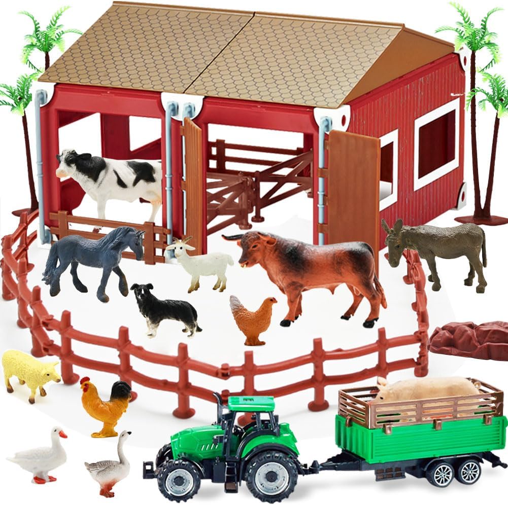 BOLZRA Mini Barn Playset, 66PCS Plastic Animals Figurines and Fence, Farm Figures Farmer Vehicle