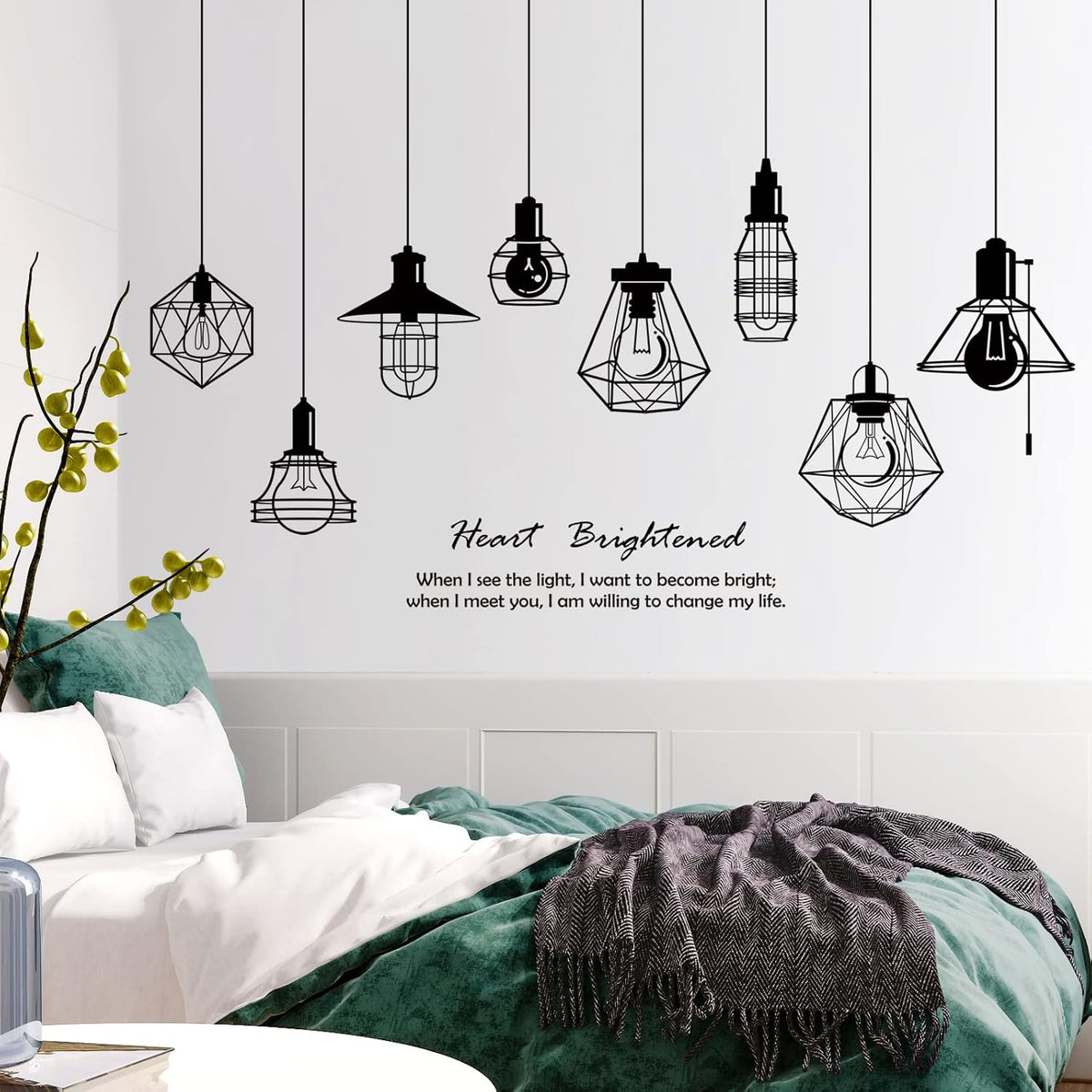 Removable 8pcs Hanging Black Vinyl Chandeliers Wall Sticker Quotes Heart Brightened Wall Decal DIY