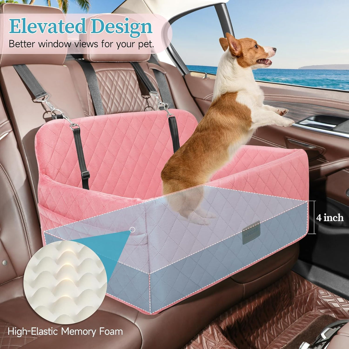 Dog Car Seat for Medium/Large Dogs, Pet Booster Seat for Under 55 lbs or 2 Small Dogs, Detachable &