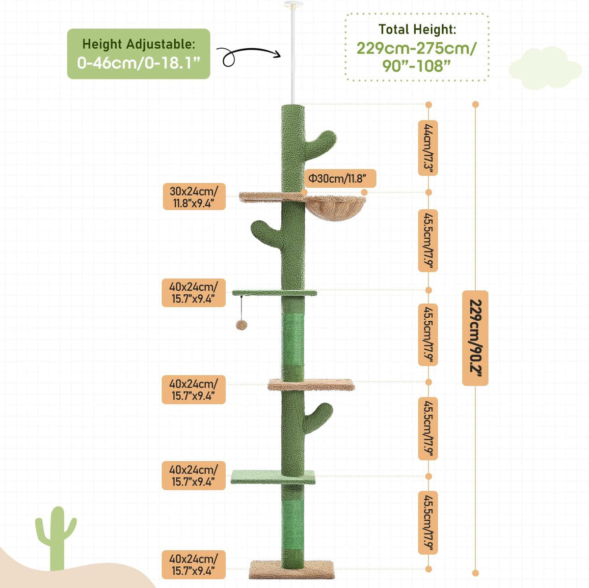 PAWZ Road Cat Tree, Cactus Floor to Ceiling Cat Tower with Adjustable Height(95-108 Inches), 5