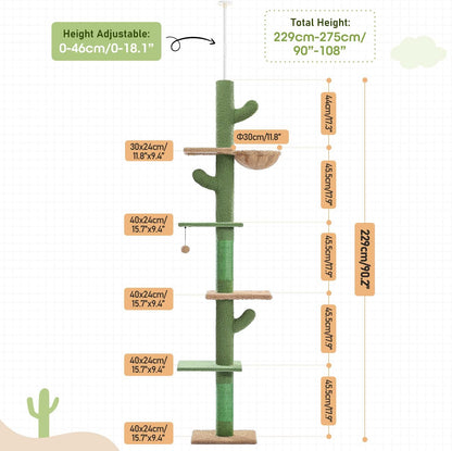 PAWZ Road Cat Tree, Cactus Floor to Ceiling Cat Tower with Adjustable Height(95-108 Inches), 5