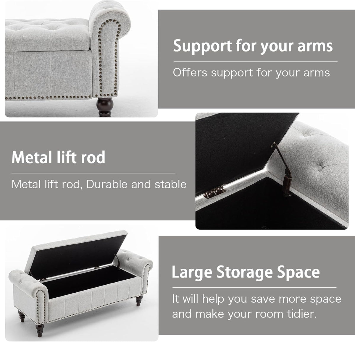 58’’ Storage Bench for Bedroom, Upholstered Button-Tufted Ottoman with Solid Wood Legs, Queen Size