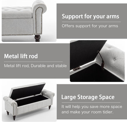 58’’ Storage Bench for Bedroom, Upholstered Button-Tufted Ottoman with Solid Wood Legs, Queen Size