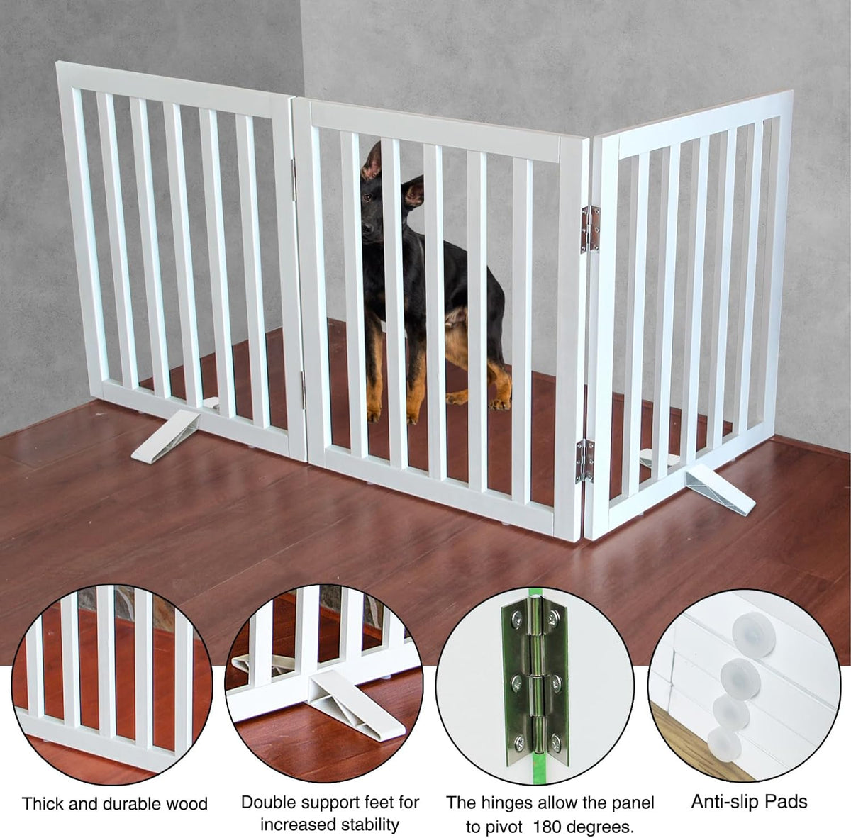 ZJSF Freestanding Indoor Dog Gate for House Foldable Wood White Puppy Gate for Doorways Pet Gate
